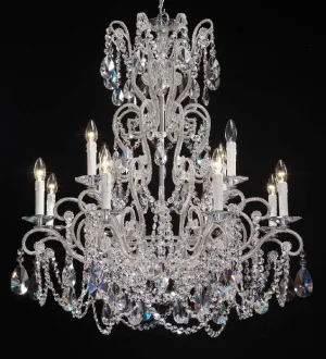 12 Light Silver Chandelier With Crystal Glass Pendants