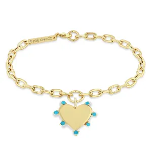 14k 7 Prong Turquoise Heart Charm Medium Square Oval Chain Bracelet