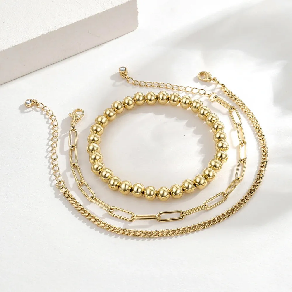 14K Gold Layered Beaded Ball Bracelets Sets-3Pcs