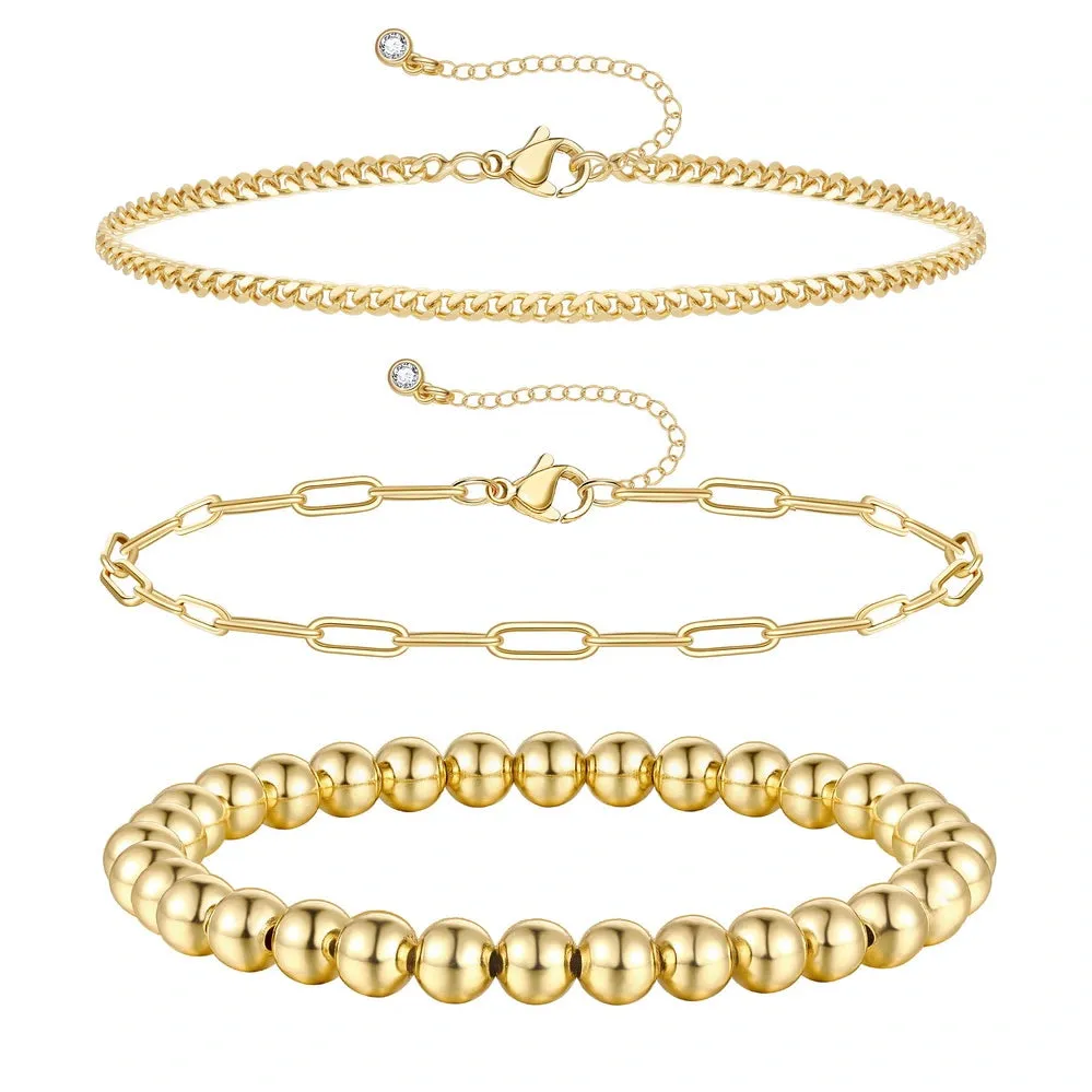 14K Gold Layered Beaded Ball Bracelets Sets-3Pcs