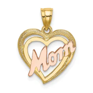 14k Two-Tone Gold Polished Textured Finish MOM in Double Heart Shape Design Charm Pendant