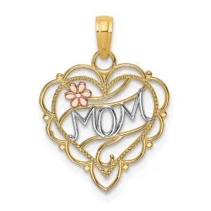 14k Two-Tone Gold, White Rhodium Beaded Textured Polished Finish MOM Heart with Flower Fancy Design Charm Pendant