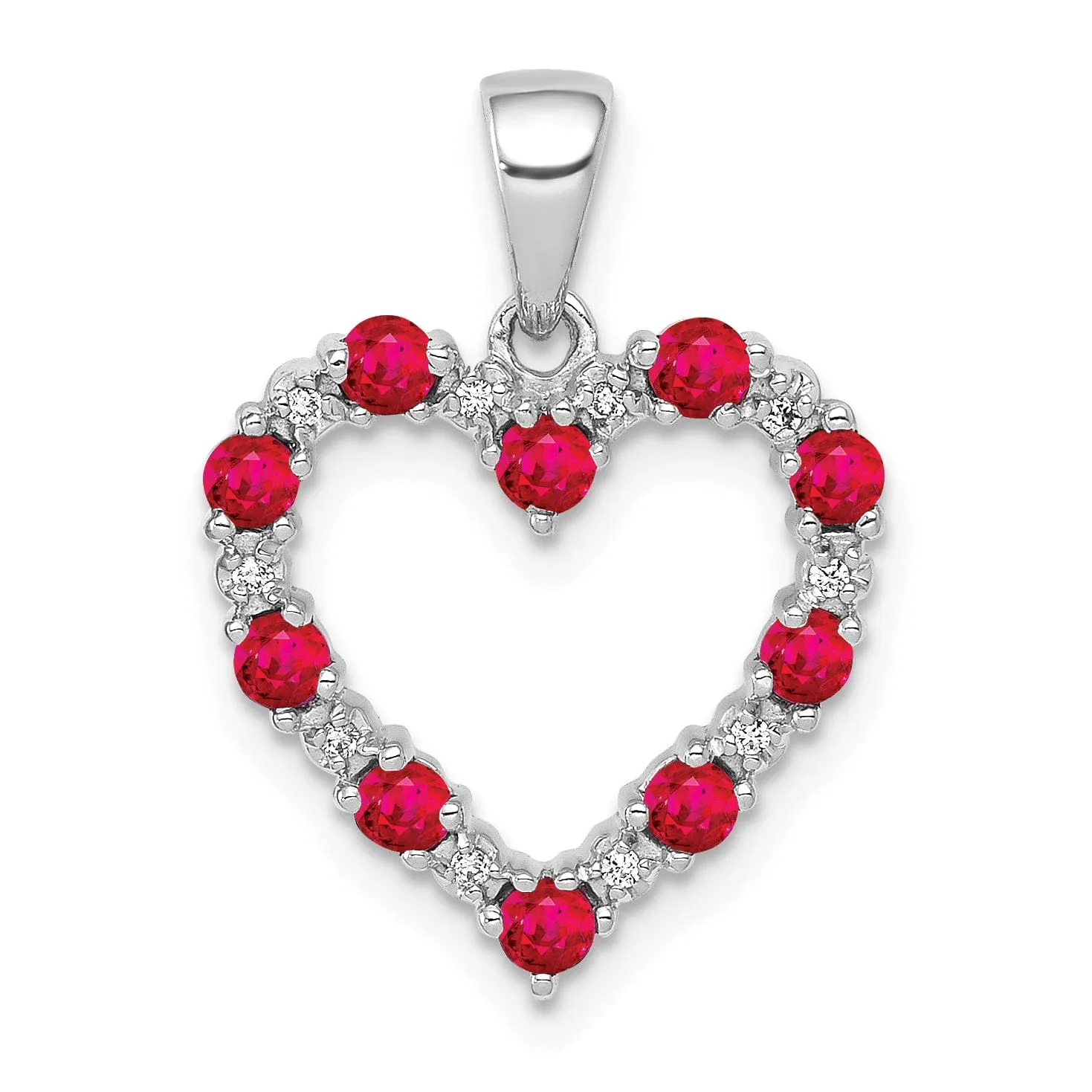 14k White Gold Polished Finish Open Back 0.03-CT Diamond & 0.39-CT Ruby Heart Shape Design Charm Pendant