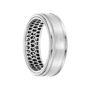 14k White Gold Wedding Band Mesh Pattern Inner Design Flat Brushed Finish Milgrain Detail Round Edges by Artcarved - 7 mm