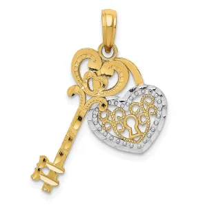 14K Yellow Gold Moveable Filigree Heart Key and Lock Design Charm Pendant