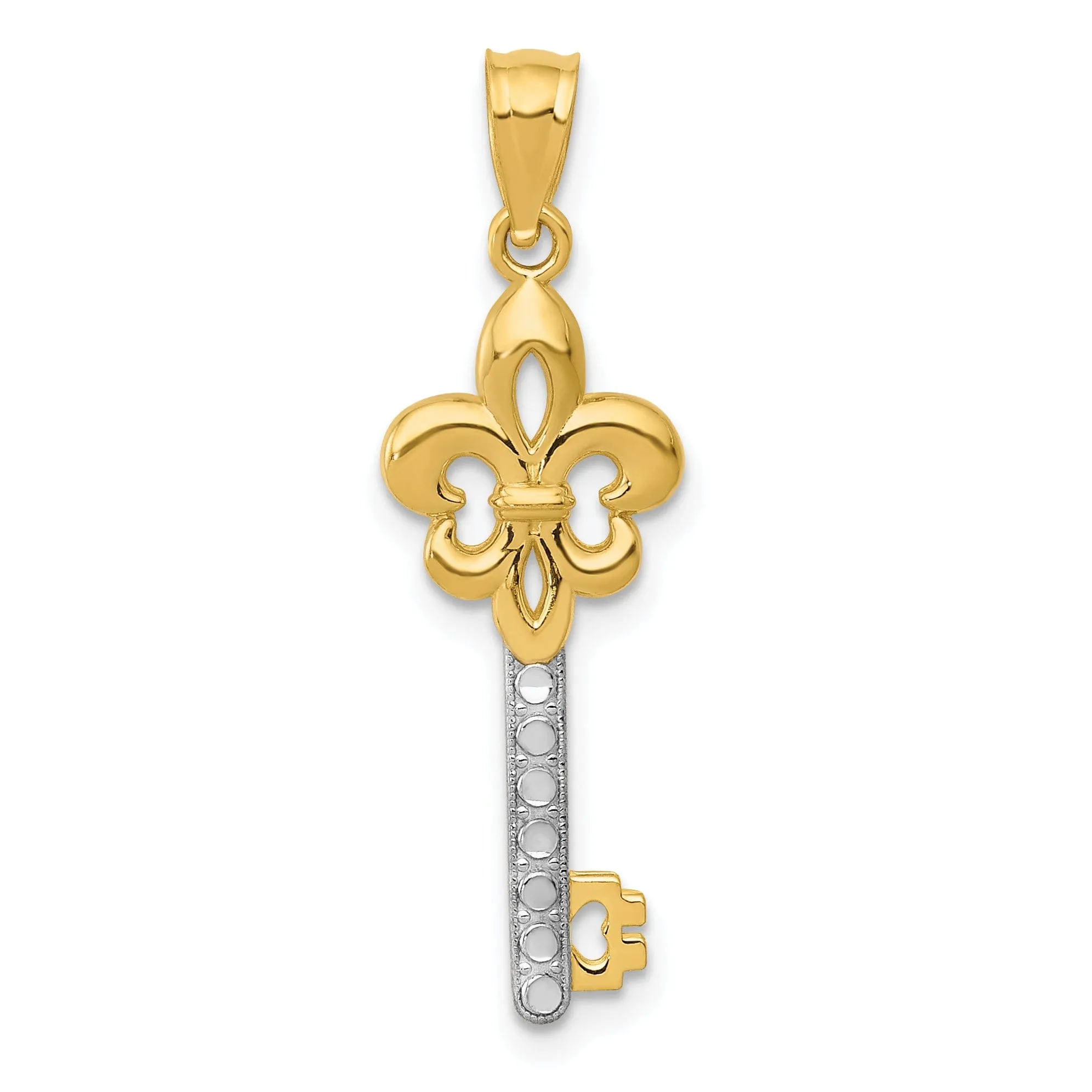 14K Yellow Gold Solid Fleur De Lis Key Charm Pendant