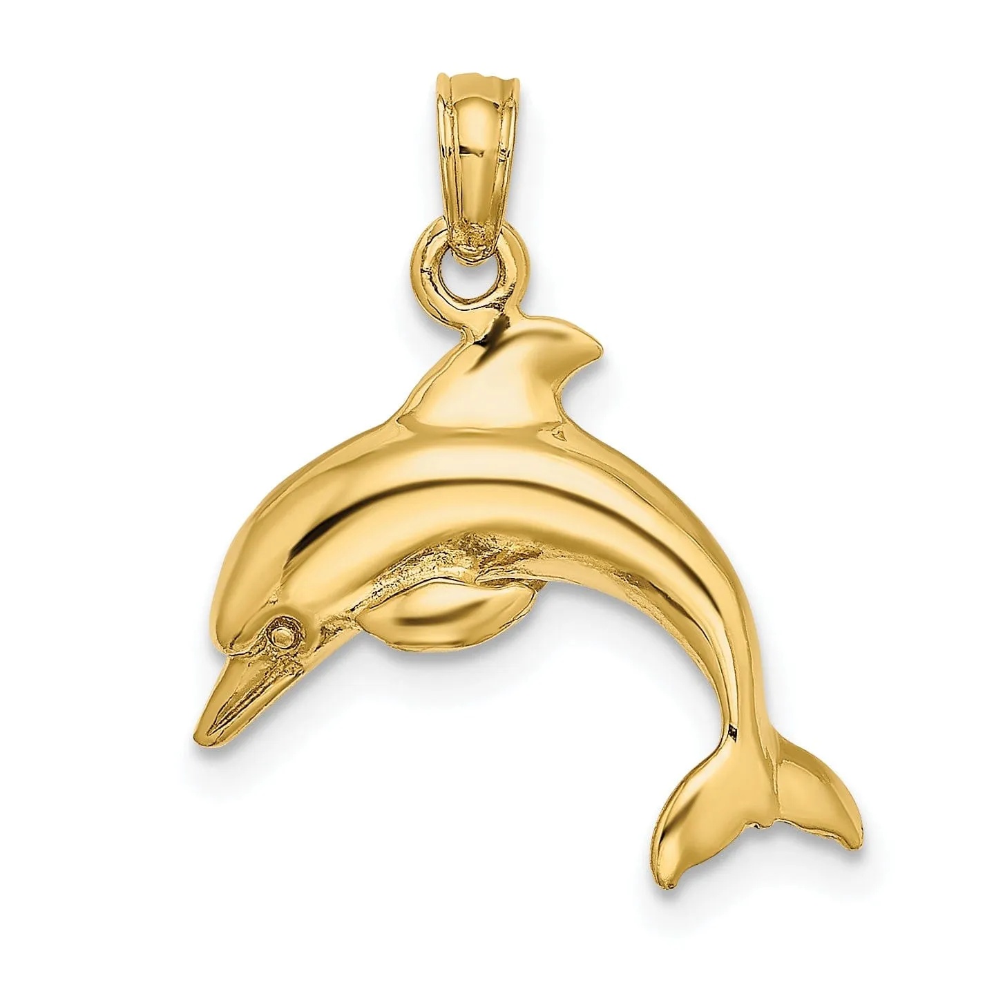 14K Yellow Gold Textured Polished Finish 3-Dimensional Dolphin Jumping Swimming Design Charm Pendant