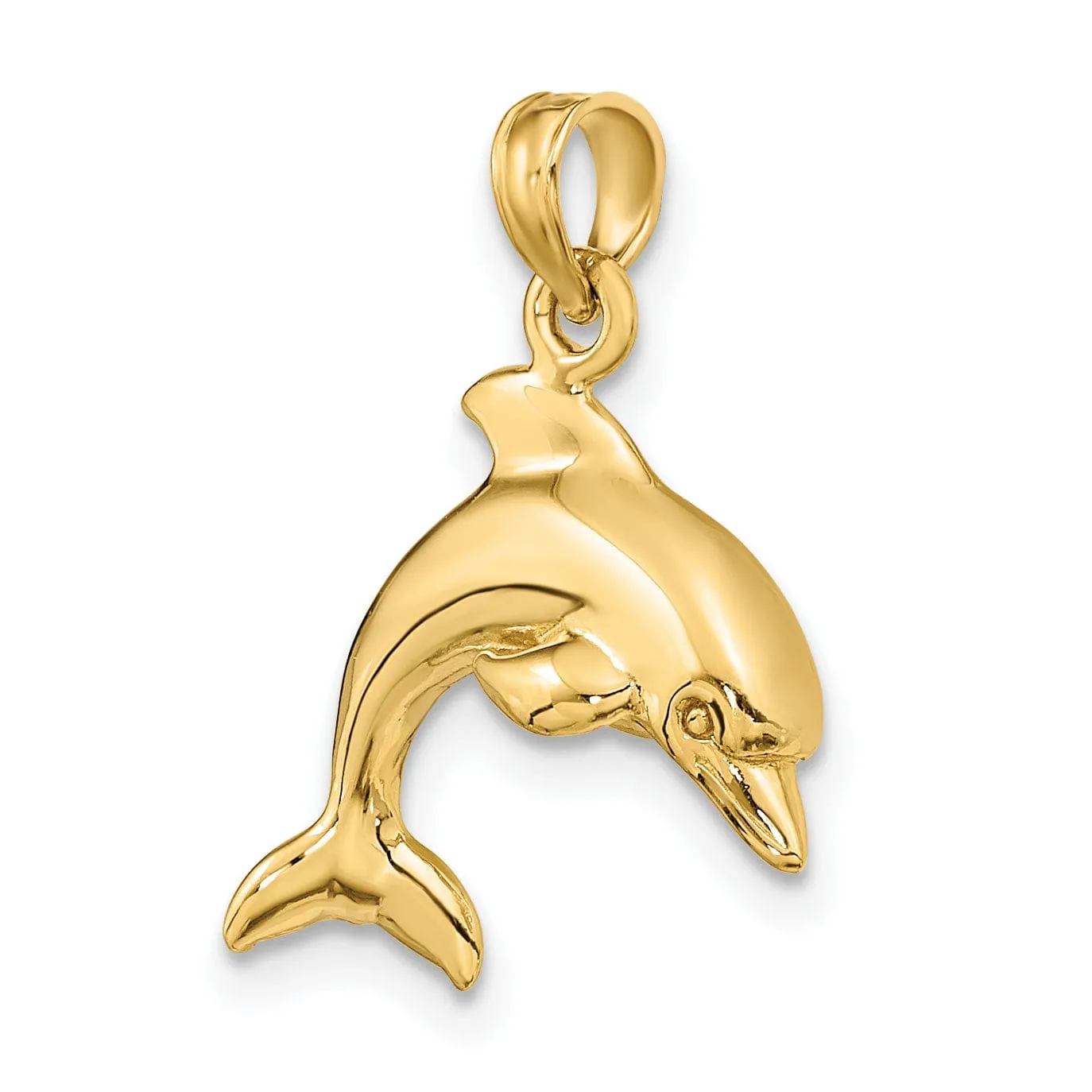 14K Yellow Gold Textured Polished Finish 3-Dimensional Dolphin Jumping Swimming Design Charm Pendant