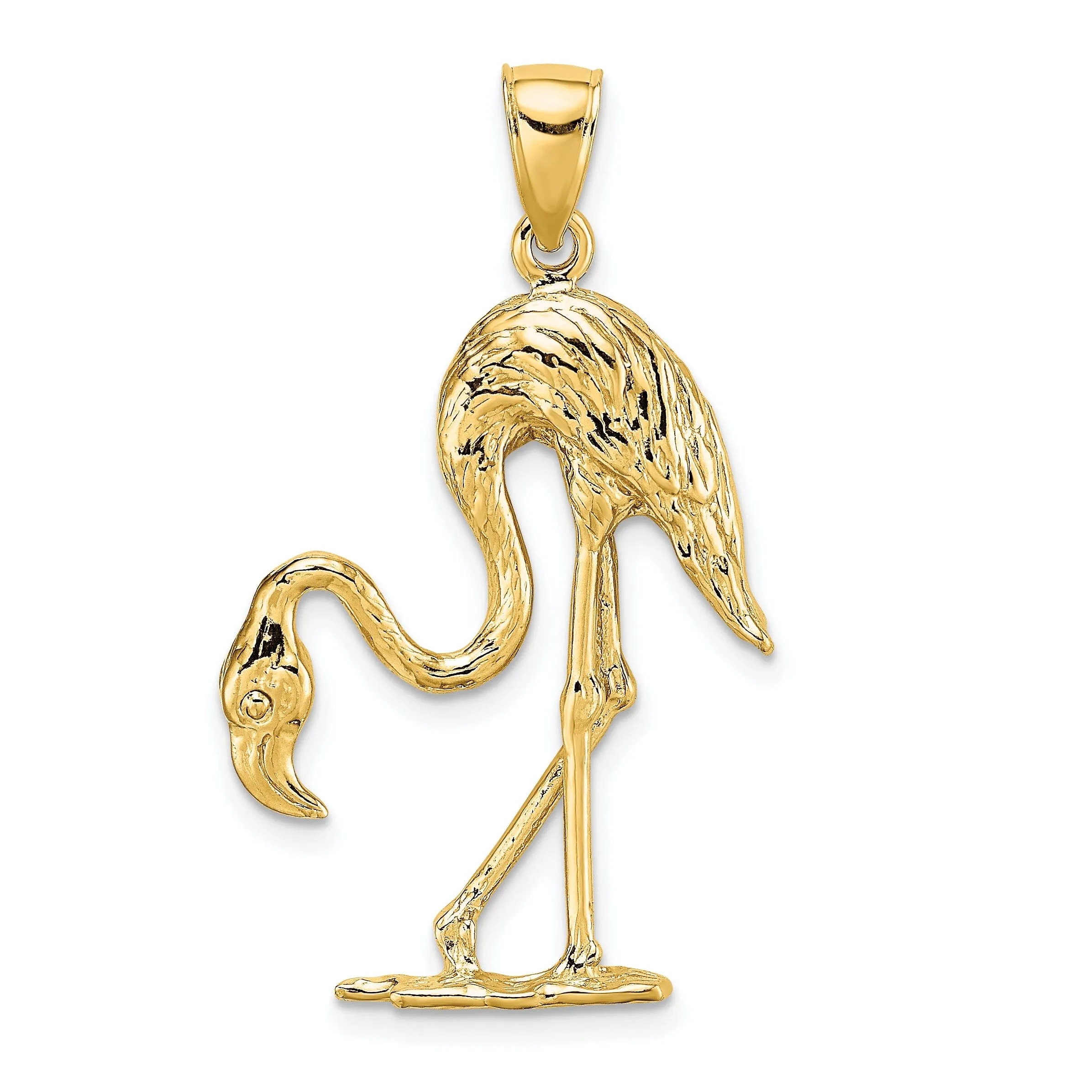 14k Yellow Gold Textured Polished Finish 3-Dimensional Flamingo Bird Charm Pendant