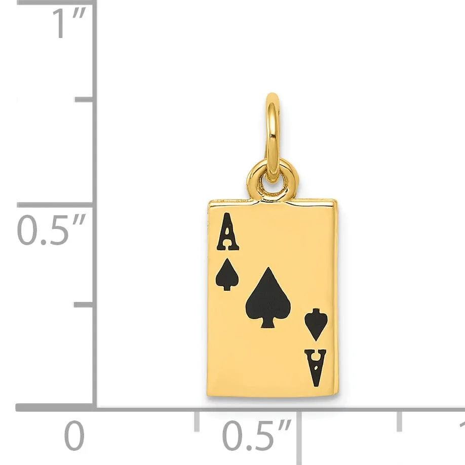 14k Yellow Gold Textured Polished Finish Black Enameled Ace of Spades Card Charm Pendant