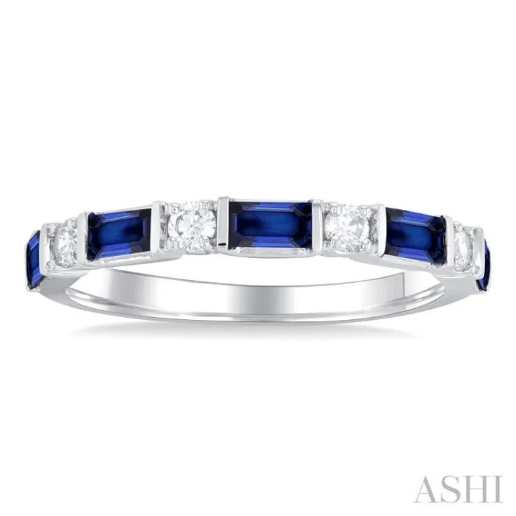 1/5 ctw Art Deco 4X2MM Baguette Cut Sapphire and Round Cut Diamond Precious Band in 14K White Gold