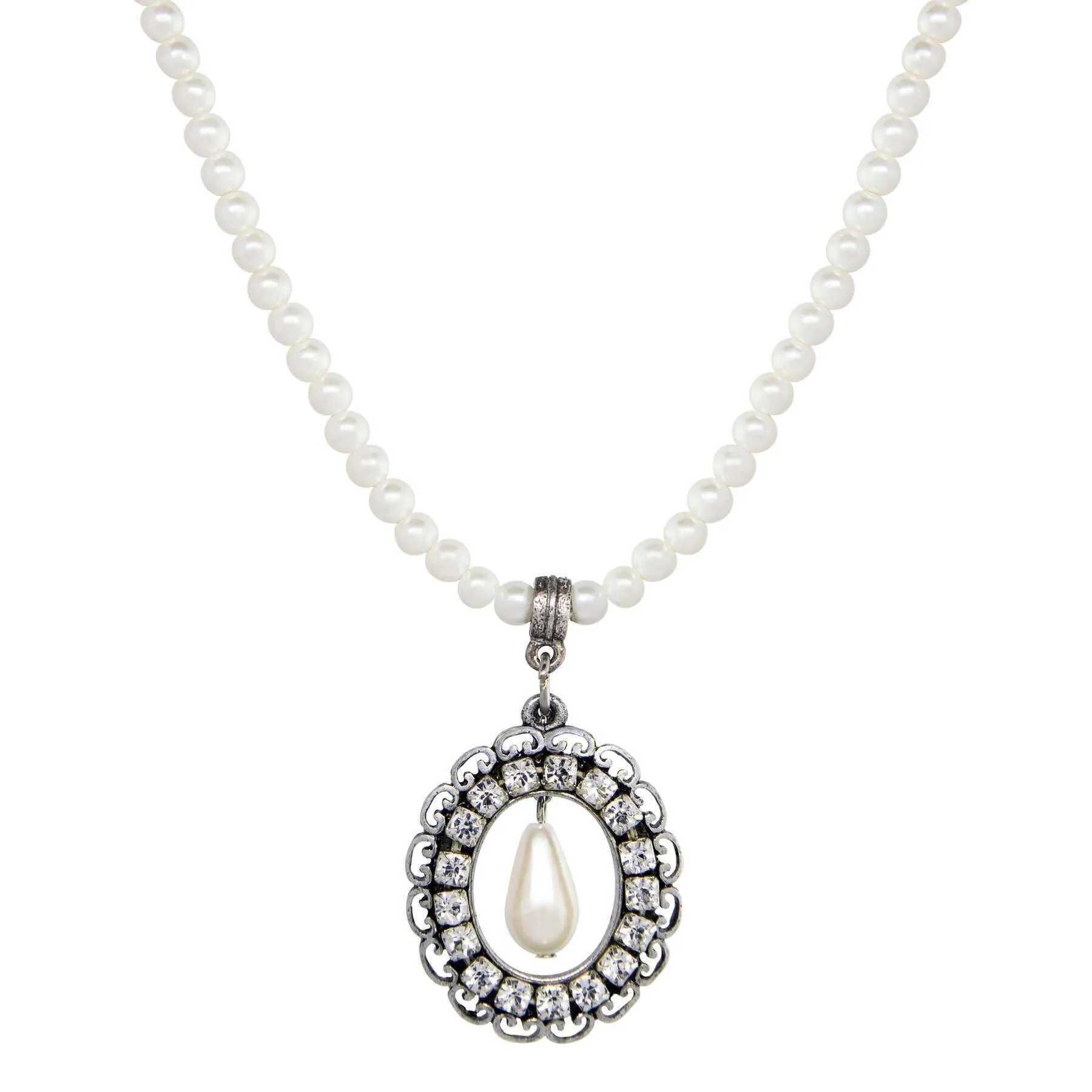 1928 Jewelry Oval Crystal Teardrop Pendant Faux Pearl Strand Necklace 15"   3" Extension