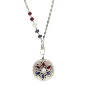 1928 Jewelry Patriotic Red White and Blue Crystal Locket Necklace 28"