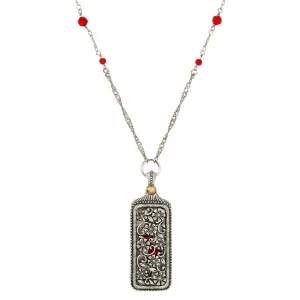 1928 Jewelry Pewter Floral Swinging Cover with Red Hearts Pendant Necklace 30"