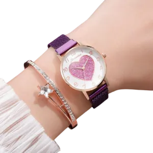 2pc Women Love Buckle Wristwatch Magnet Bracelets Sets