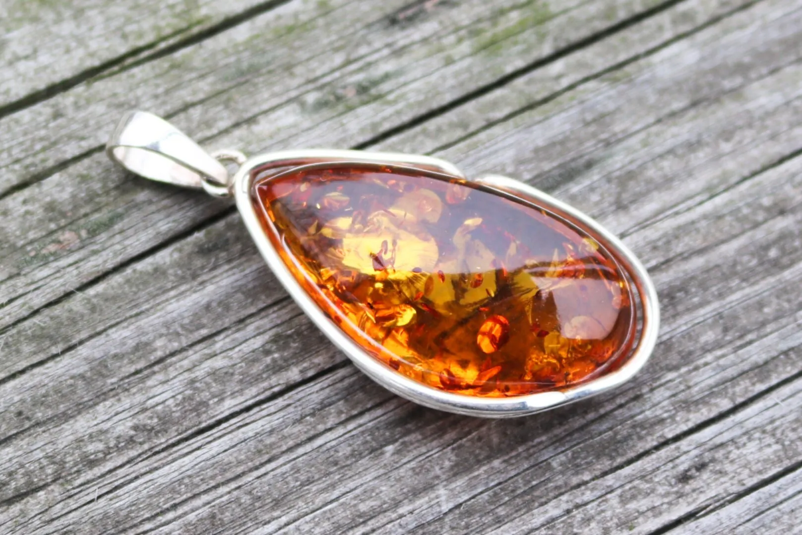 Baltic Amber Pendant Honey Sparkling Unisex 2.26" 13.1 gram 925 Silver