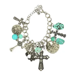 Blazin Roxx® Silver Cross & Turquoise Bead Charm Bracelet