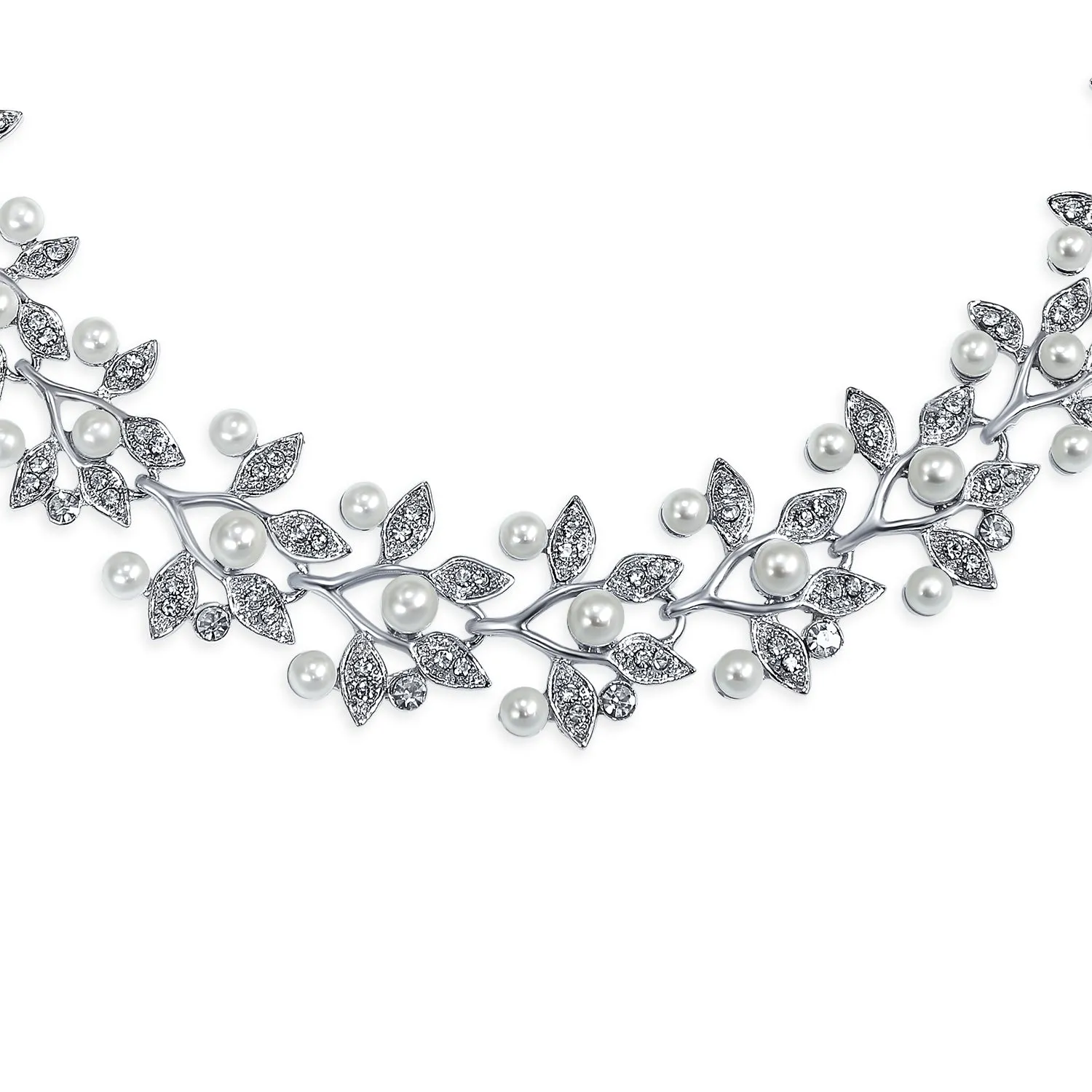 Bridal Collar Necklace with Vintage Leaf Motif and Simulated Pearl for Weddings