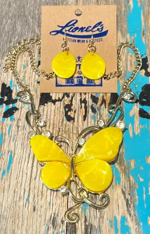 Bright Yellow Butterfly Necklace w/ Earrings