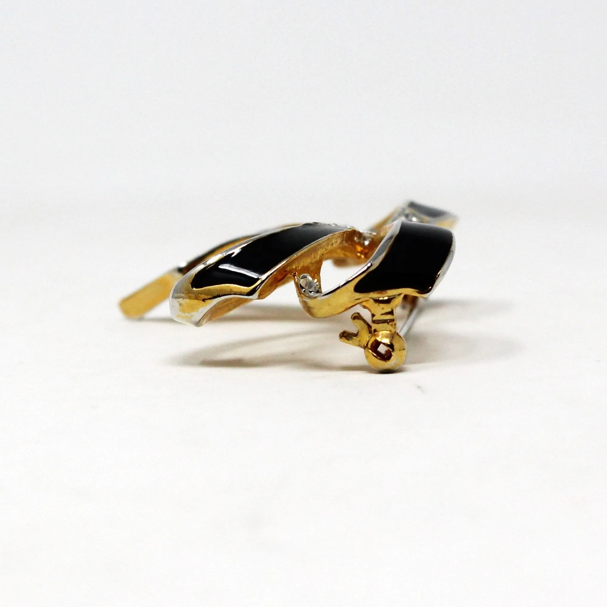 Brooch / Pin, Nina Ricci, Bow Shaped Brooch, Gold, Black Enamel & Clear Rhinestones, Vintage