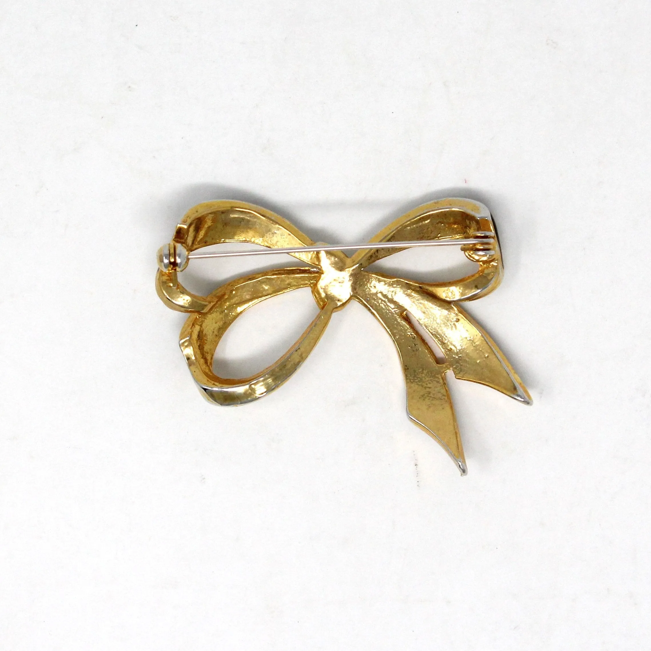 Brooch / Pin, Nina Ricci, Bow Shaped Brooch, Gold, Black Enamel & Clear Rhinestones, Vintage