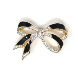 Brooch / Pin, Nina Ricci, Bow Shaped Brooch, Gold, Black Enamel & Clear Rhinestones, Vintage