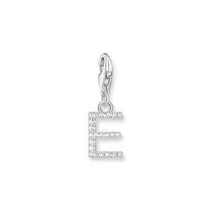 Charm pendant letter E with white stones silver