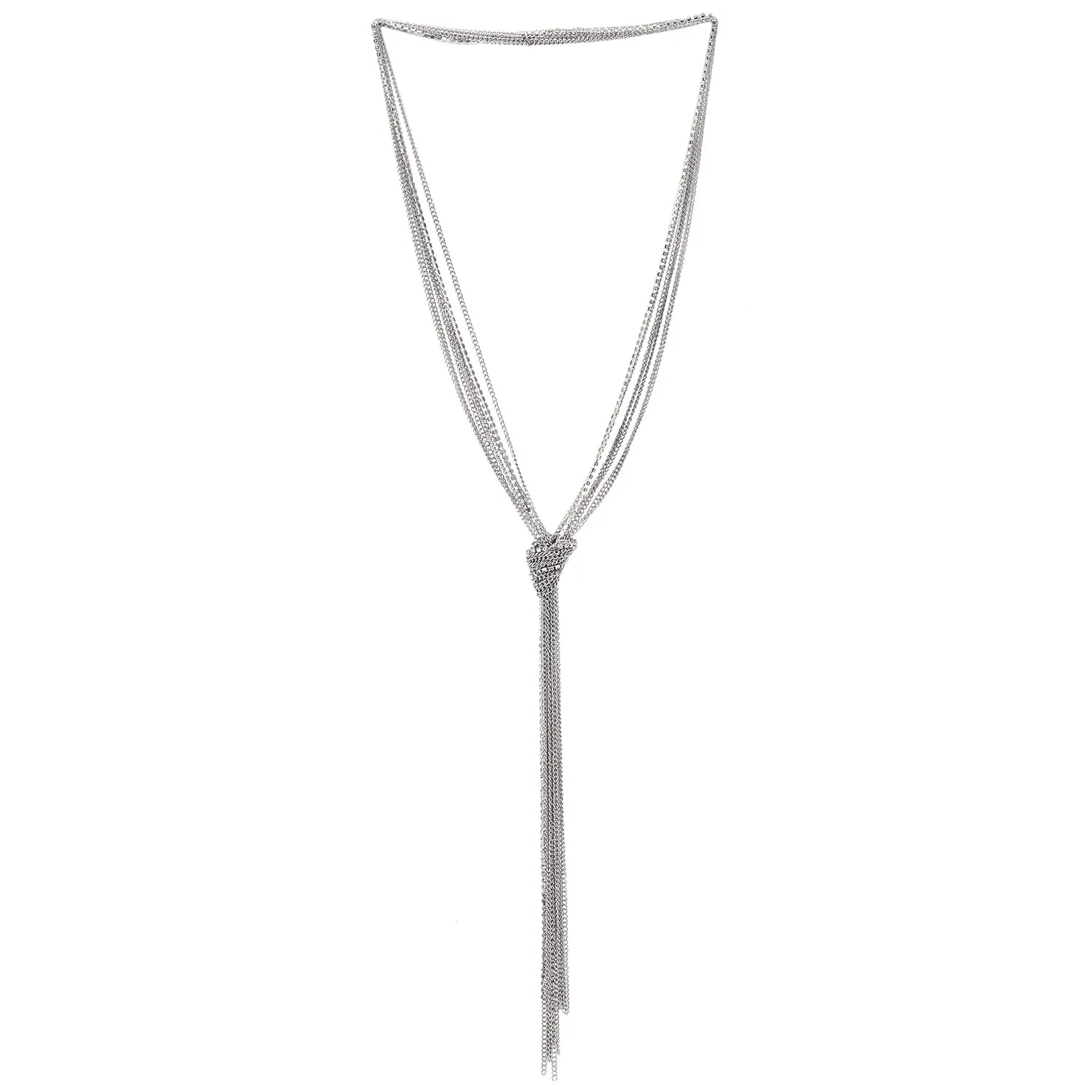 Chic Silver Lariat Necklace Tassel Pendant with Rhinestones, Multi-strand Long Chains Y-Shape