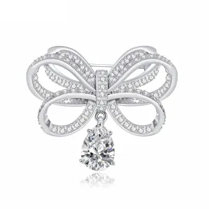 Classic Silver Tone Micro Pave CZ Triple Loop Ribbon Bow Brooches with Pear Drop