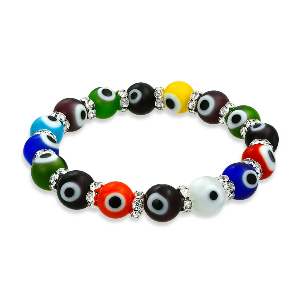 Colorful Turkish Glass Bead Evil Eye Stretch Bracelet with Crystal Spacers