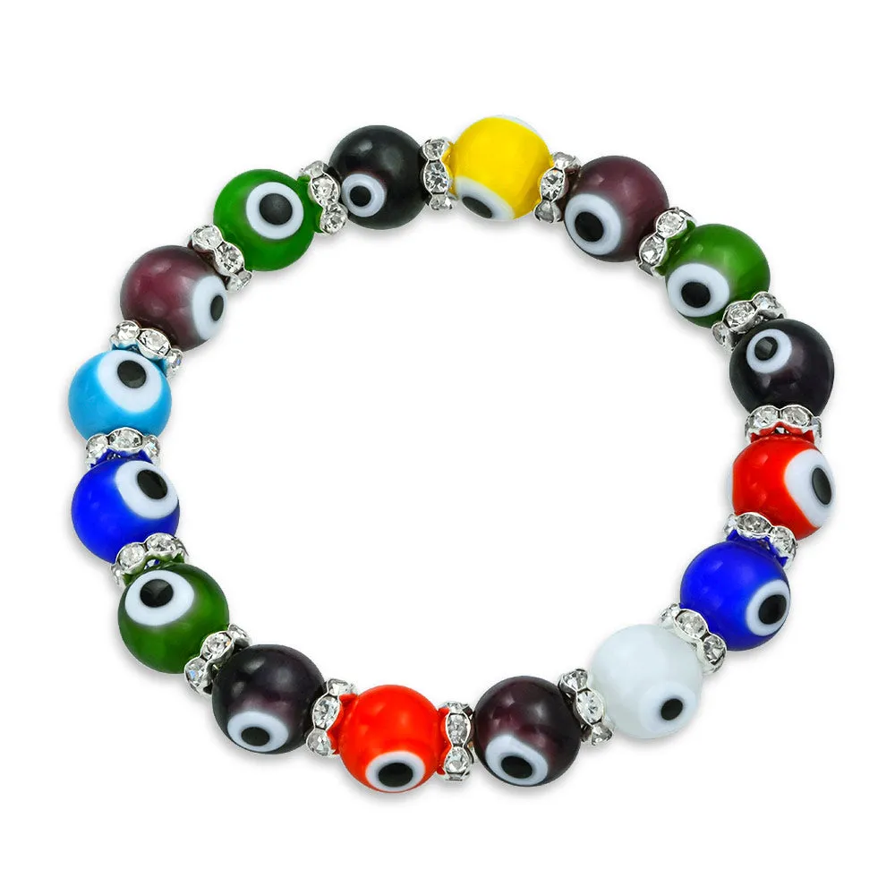 Colorful Turkish Glass Bead Evil Eye Stretch Bracelet with Crystal Spacers