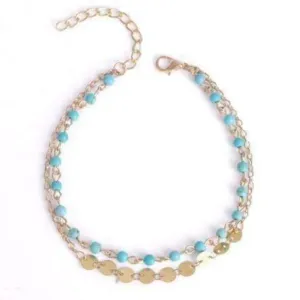 Double Chain Turquoise Bead and Gold Coin Ankle Bracelet