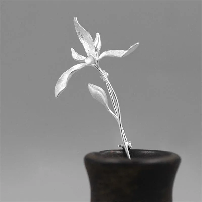 Elegant 925 Sterling Silver Orchid Flower Brooch Pin Gift for Women