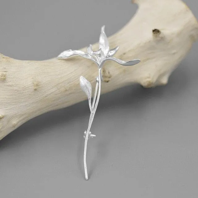 Elegant 925 Sterling Silver Orchid Flower Brooch Pin Gift for Women