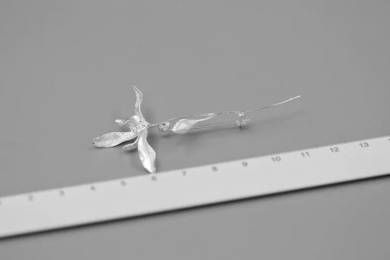 Elegant 925 Sterling Silver Orchid Flower Brooch Pin Gift for Women