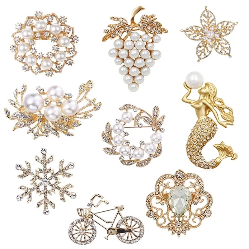 Elegant Pin Bicycle Flower Snowflake Imitation Pearl Alloy Inlay Rhinestones Women'S Brooches