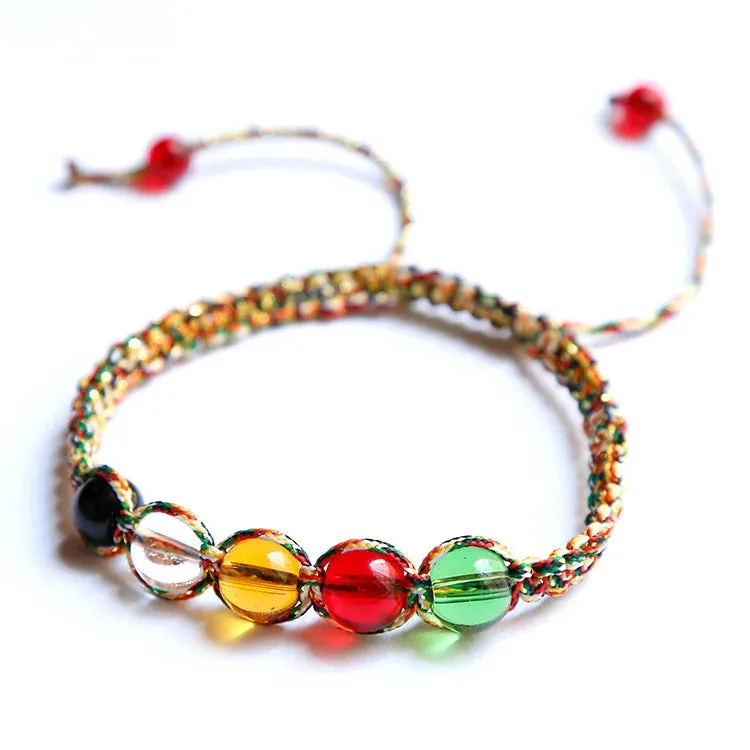 Ethnic Hand-woven Multi Colored Rope 5 Colors Glass Beads Stretch Chinese Five Elements Feng Shui Rope Charm Lucky Bracelets