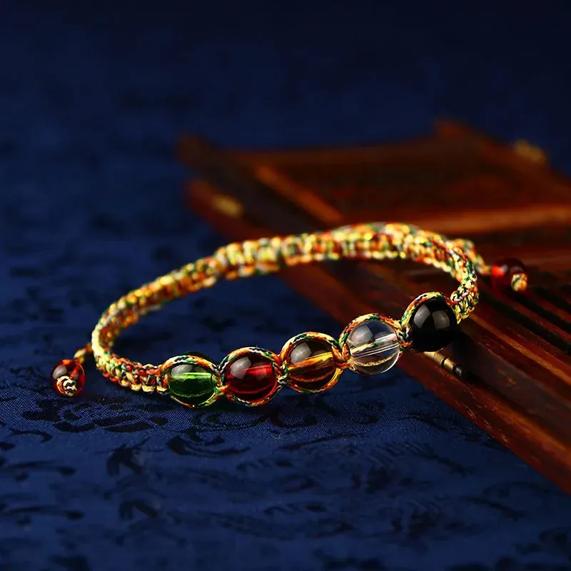 Ethnic Hand-woven Multi Colored Rope 5 Colors Glass Beads Stretch Chinese Five Elements Feng Shui Rope Charm Lucky Bracelets