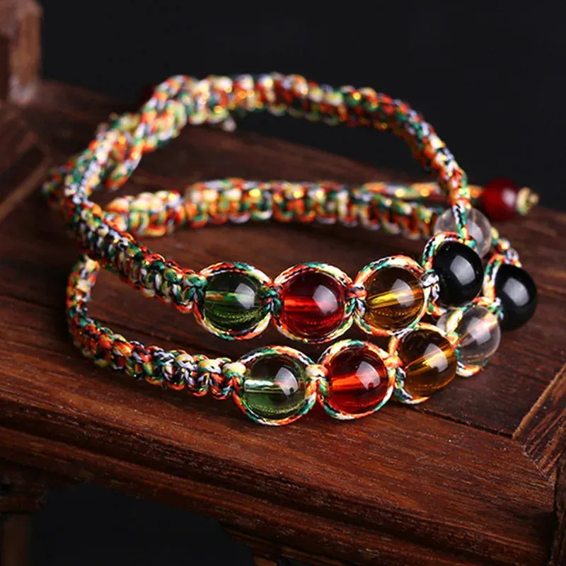 Ethnic Hand-woven Multi Colored Rope 5 Colors Glass Beads Stretch Chinese Five Elements Feng Shui Rope Charm Lucky Bracelets