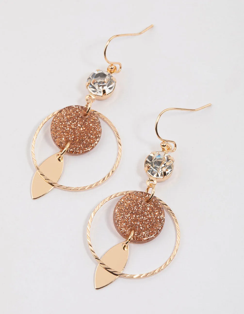 Gold Diamante Glitter Circle Drop Earrings