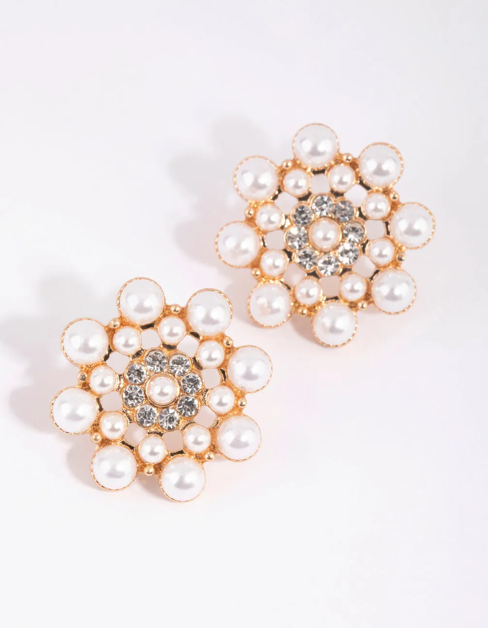 Gold Pearl Flower Stud Earrings