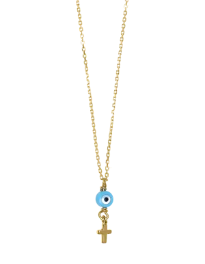 Gregio Tiny Shiny Necklace w/ Evil Eye & Cross - Gold