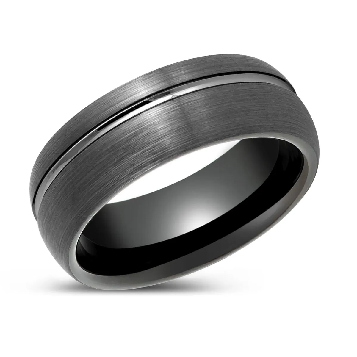 GRITEDGE | Black Tungsten Ring, Gun Metal with Domed Brushed Off-Center Groove