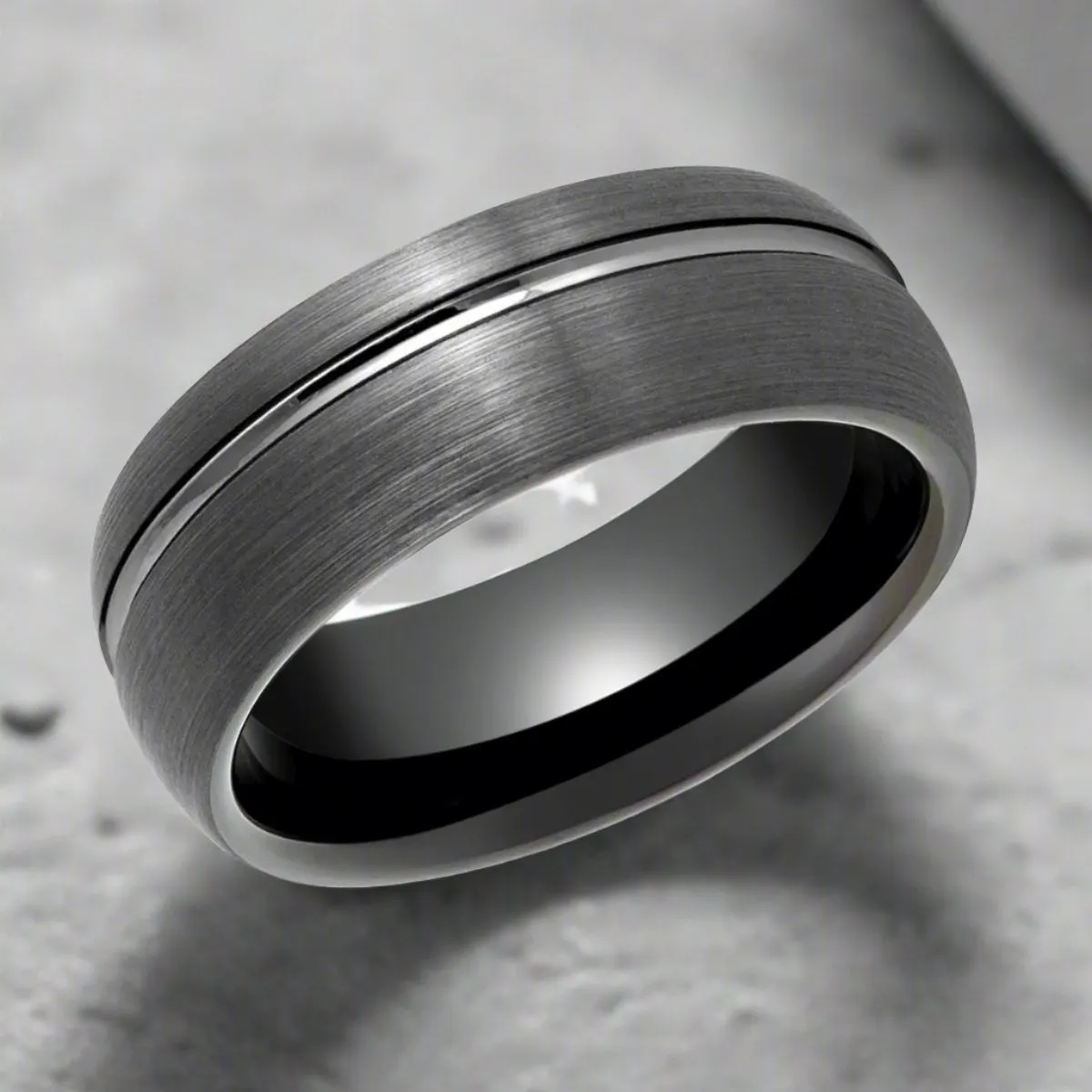 GRITEDGE | Black Tungsten Ring, Gun Metal with Domed Brushed Off-Center Groove