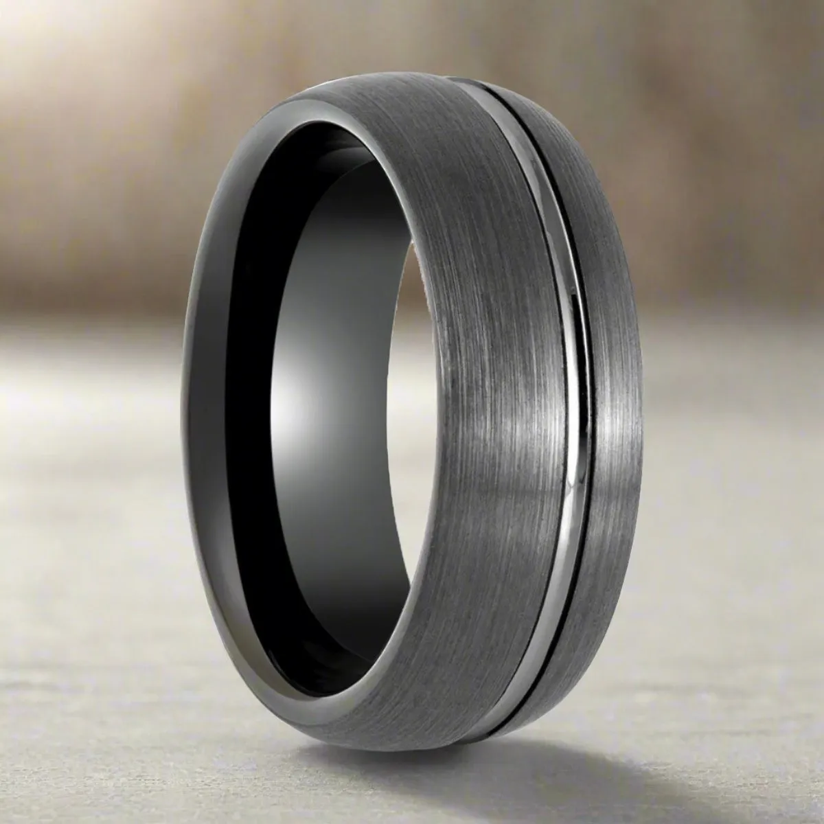 GRITEDGE | Black Tungsten Ring, Gun Metal with Domed Brushed Off-Center Groove