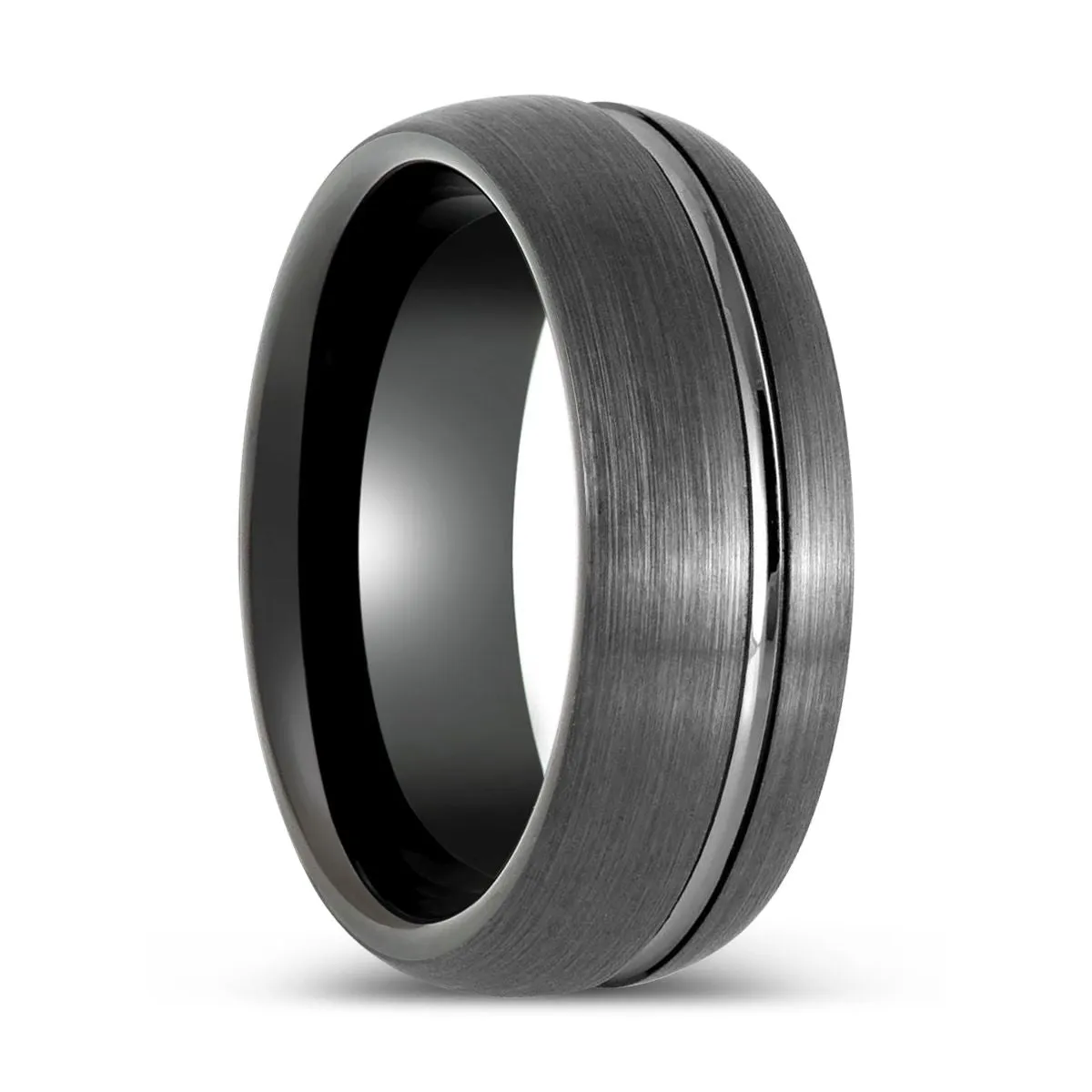 GRITEDGE | Black Tungsten Ring, Gun Metal with Domed Brushed Off-Center Groove