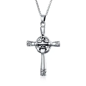 Irish Celtic Knot Claddagh Cross Pendant Necklace in Oxidized Sterling Silver