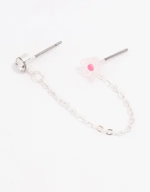 Pink Flower Diamante Stud Chain Earrings