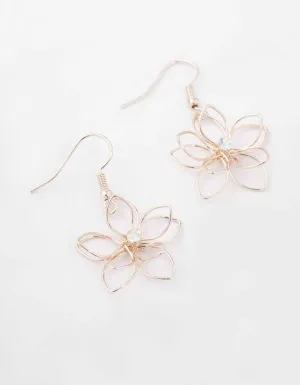 Rose Gold Diamante Wire Flower Drop Earrings