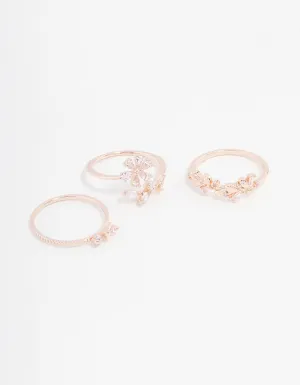 Rose Gold Plated Pearl Bow & Flower Ring 4-Pack